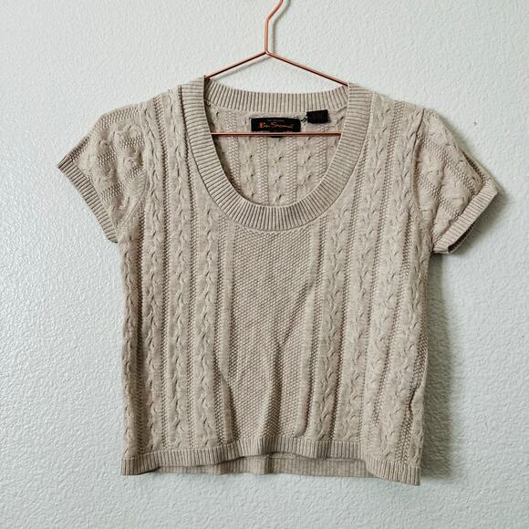 Ben Sherman tan cable knit short sleeve crop sweater - Picture 1 of 3